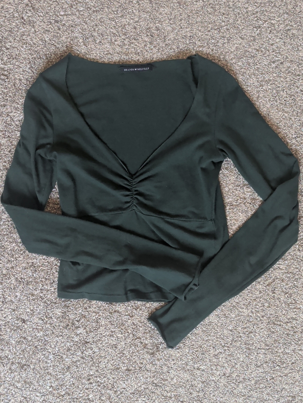 Brandy Melville Forest Green Ruched V-Neck Long Sleeve Top